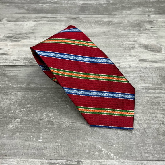 Jos A Bank Red w/ Blue, Orange & Green Stripe Silk Tie - Picture 1 of 4